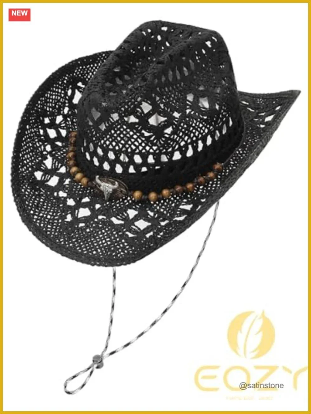 Straw Cowgirl Hat Woven Hollow Out Wide Brim Sun Hat with Chin Strap